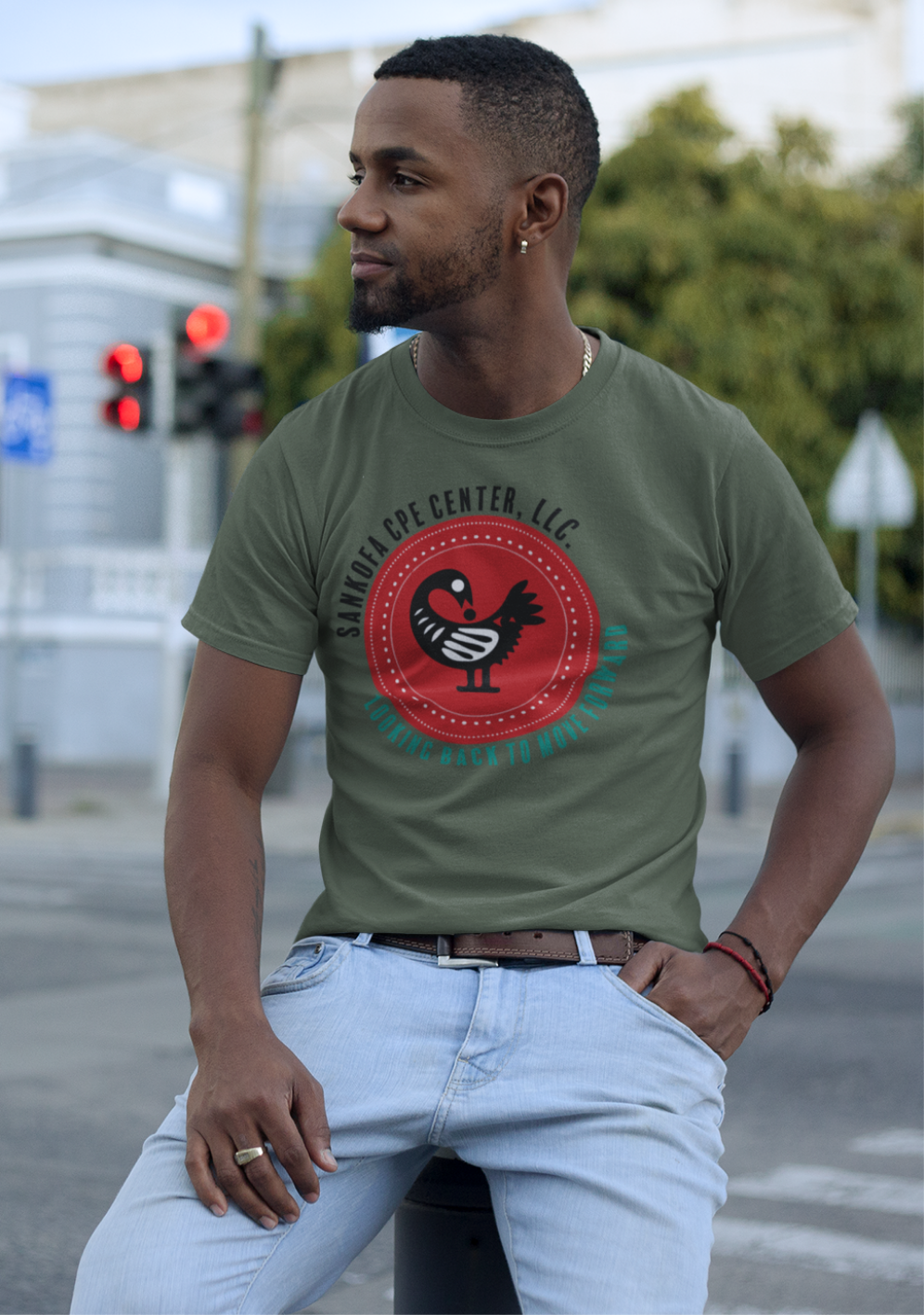 Sankofa CPE Center T-Shirt โ "Looking Back to Move Forward"