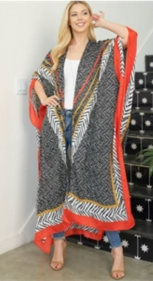 Wavy Print Boho Open Front Long Kimono