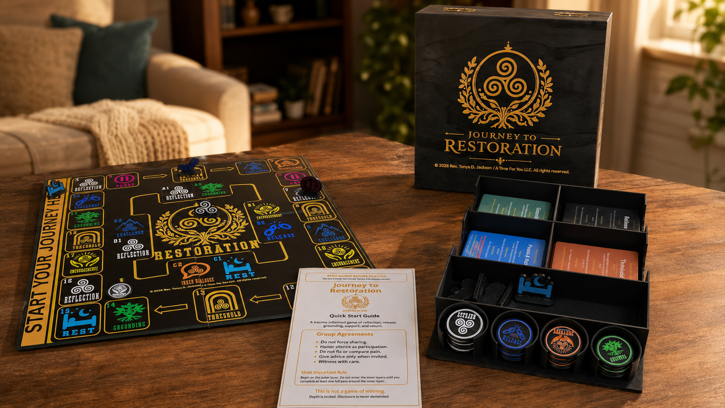 Journey to Restoration -  A trauma informed game of reflection, release, grounding, support, and return.