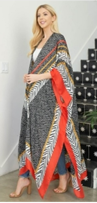 Wavy Print Boho Open Front Long Kimono